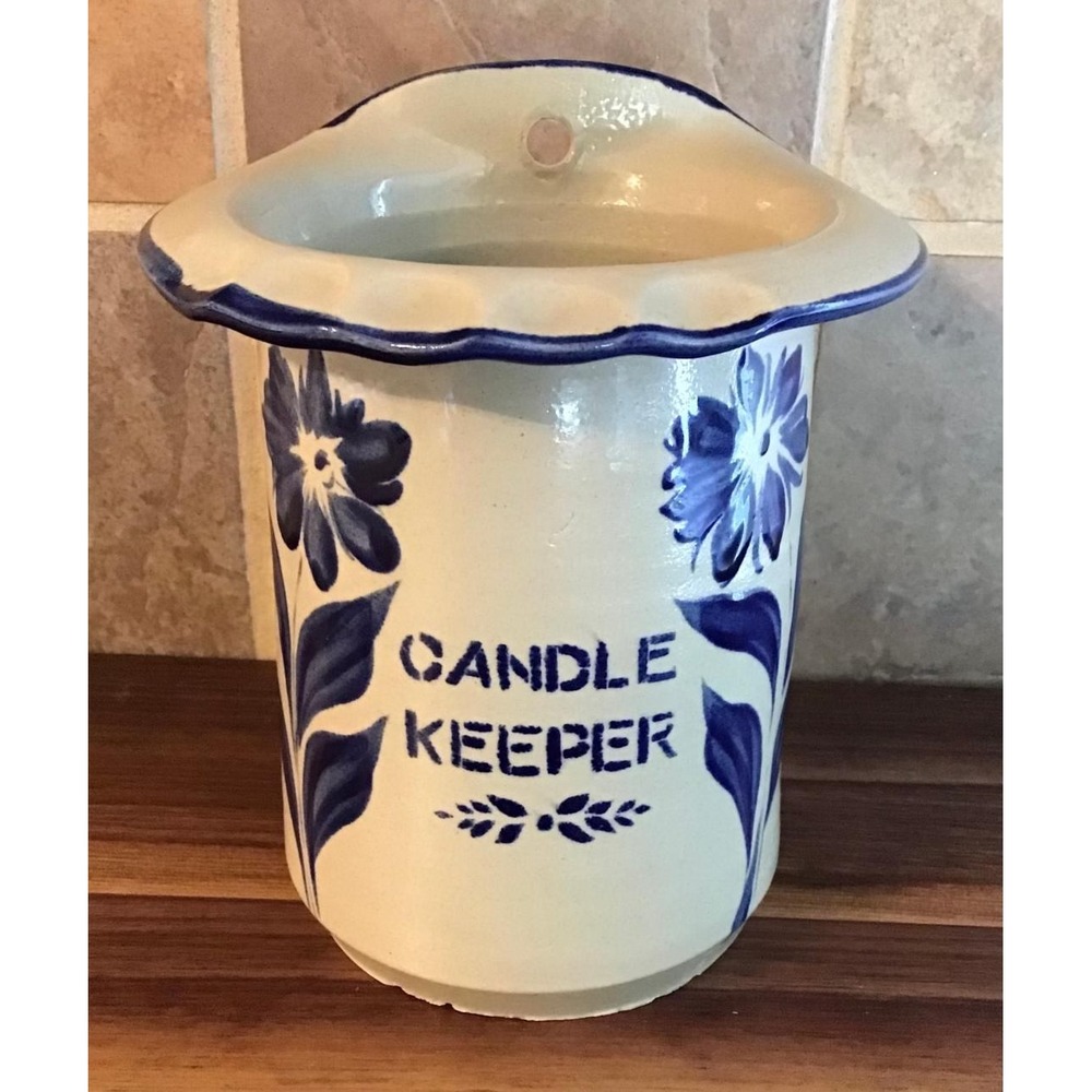 Williamsburg Pottery 1995 Blue Floral Salt Glazed Stoneware Candle Keeper Crock
